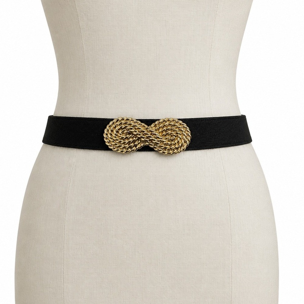 Unbranded‎ Cinch Belt Women OS Black Gold Vintage Double Knot Elastic Waist